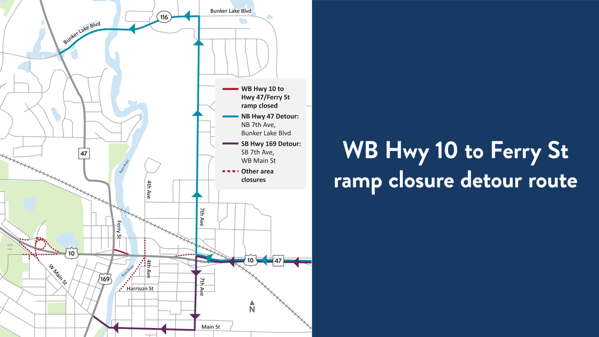 MnDOTMetro's tweet photo. Hwy 10 in @CityofAnoka: Ramp from westbound Hwy 10 to Hwy 169/Hwy 47/Ferry St is close Tue (5/24)  through fall 2022. For more information: https://t.co/hnlUe5THum @AnokaCounty #mntraffic #rampclosure https://t.co/QhuNwR77Kp