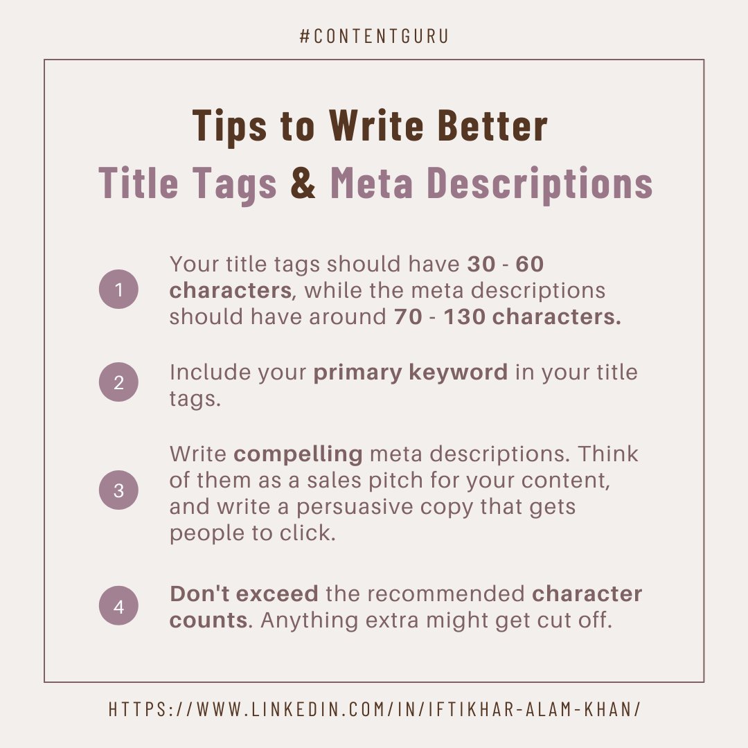 miftikharalam7's tweet photo. Title tags are headings that appear on the search engine results page, and meta descriptions are the summaries beneath those. 
Good title tags and meta descriptions go far beyond just hitting the word count. Here are a few tips to help you write better. https://t.co/N7mBW2JOpZ