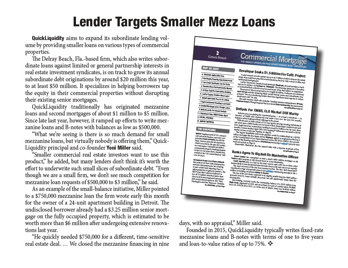 QuickLiquidity's tweet image. Thank you to @CMAlert for the story on how we have been helping commercial real estate owners with small balance mezzanine financing. Our minimum loan amount is only $500,000.
