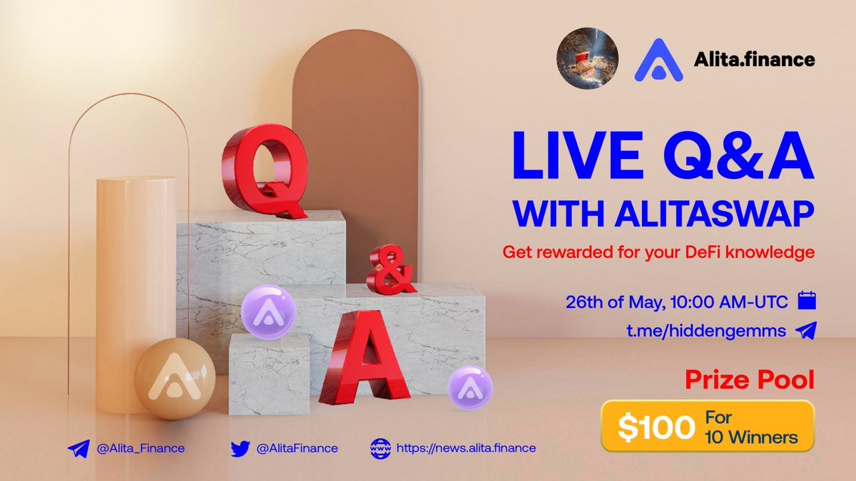 🌈Our LIVE Q&amp;A with Alitaswap is starting in 10 minutes.

It’s a perfect opportunity for crypto traders looking to brush up on your #DeFi comprehension!

#hiddengemms is honored to host today's meeting.

🏠Venue: t.me/hiddengemms
⏰26 May, 10:00 AM - UTC 
🏆$100 in rewards