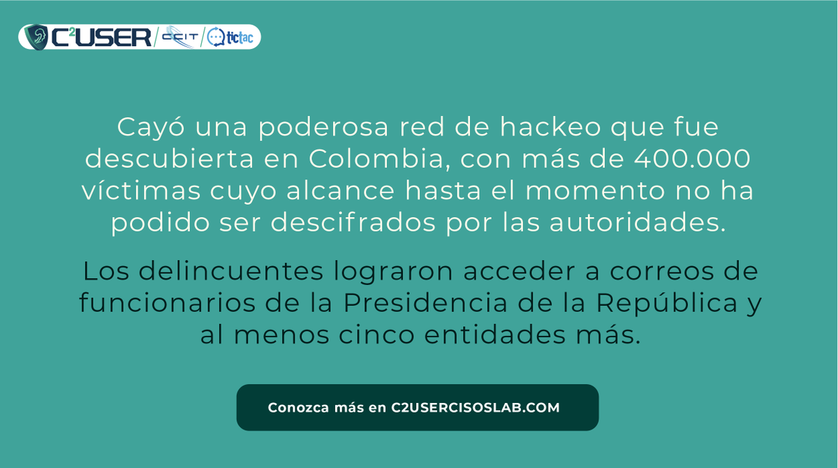 CCIT_'s tweet photo. #SabiasQue 
Fue descubierta la mayor central de #ciberdelitos en #Colombia, estos delincuentes lograron acceder a correos de funcionarios público, ¿cuáles? en el siguiente post les contamos 
Artículo completo aquí: https://t.co/xVnVRKAtuc https://t.co/IQnqTNo4iy