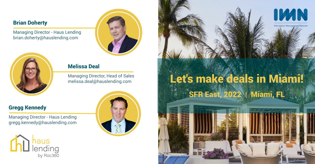 If you're attending <a href="/IMNEvents/">IMN (Archived Account)</a>' SFR Forum in Miami, May 23-25, connect with our team to talk deals! Reach out to Melissa, Gregg, or Brian and schedule a time that's convenient to you. We can't wait to meet you! Learn more about our services: bit.ly/3lwjOLE