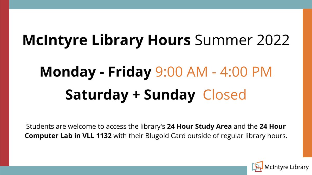 uwec_library's tweet image. ☀️Library Hours Summer 2022
Mon - Fri: 9am-4pm
Sat + Sun: Closed
Students are welcome to access the library&apos;s 24 Hour Study Area + the 24 Hour Computer Lab in VLL 1132 with their Blugold Card outside of regular hours.
Connect with us! &amp;gt;&amp;gt; uwec.ly/library
#UWECsummer