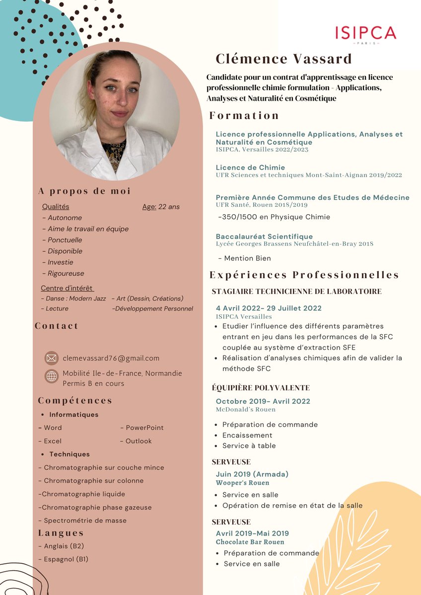 clemvsd's tweet image. Admise en licence cosmétique de l’ISIPCA je recherche une alternance en tant que technicienne de laboratoire en cosmétique
💄Domaine : Formulation, Analyse sensorielle, Contrôle qualité 
🗓Durée: 12 mois à partir de septembre 2022 
🕦Rythme : 1 mois/ 1 mois
 #alternance