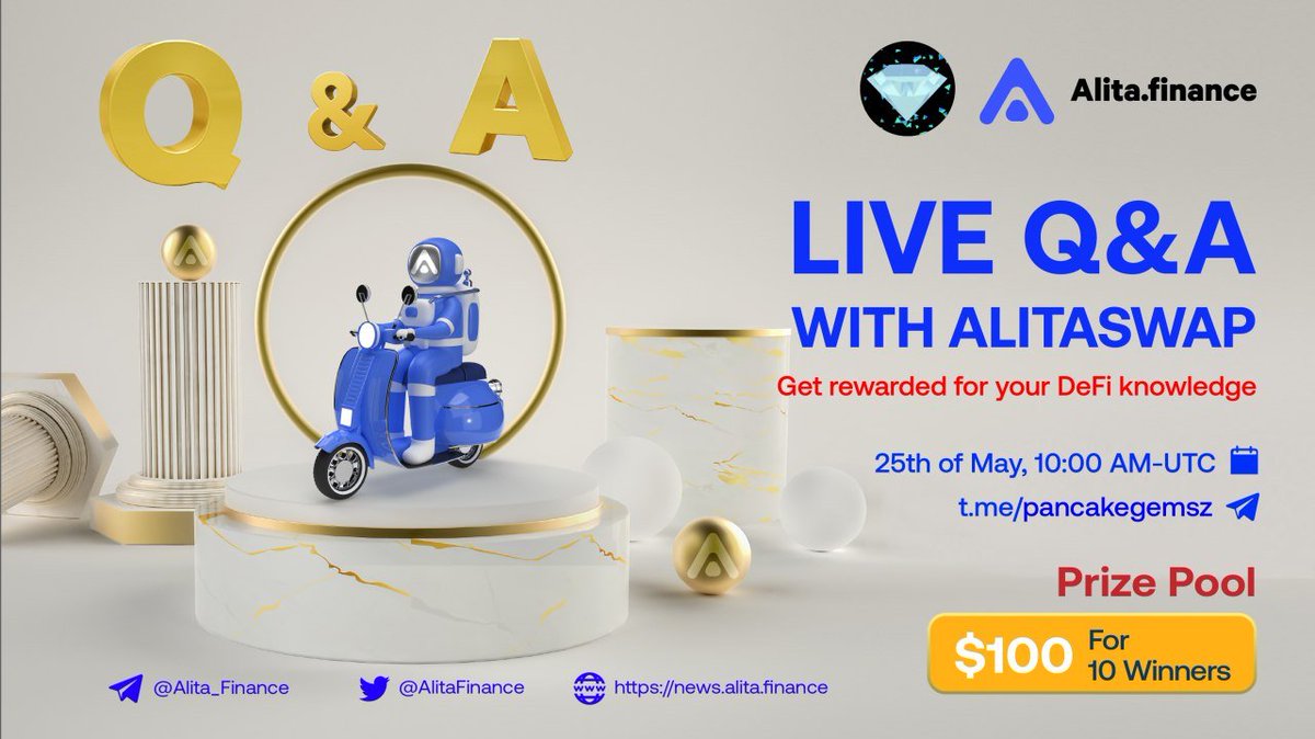 🚀In 10 minutes we have an appointment with #pancakegemsz!

🚀Please feel comfortable stopping by our Q&amp;A section to learn more about how #Alitafinance can assist you in managing your finances.

🏠Venue: t.me/pancakegemsz
⏰25 May, 10:00 AM - UTC 
🏆$100 in rewards