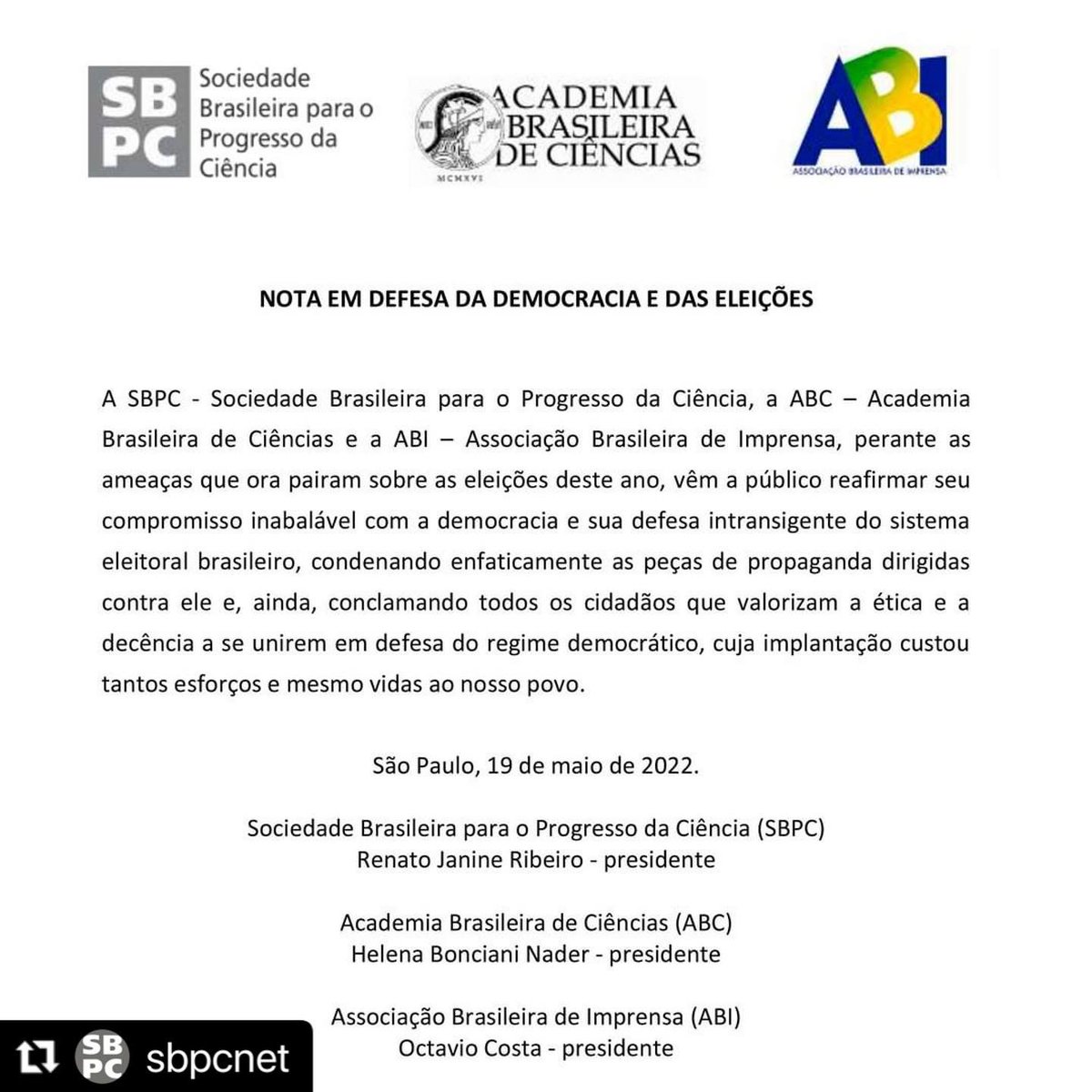 inctdemocracia's tweet photo. #Repost @sbpcnet 
・・・
EM DEFESA DA DEMOCRACIA E DAS ELEIÇÕES https://t.co/iohfger3cF