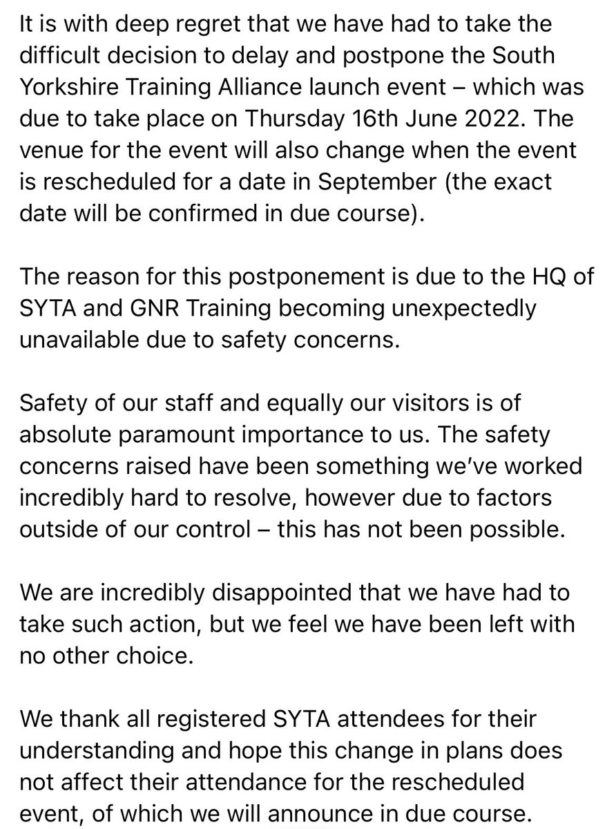 A statement from the South Yorkshire Training Alliance (SYTA).

#SYTA #ForwardTogether