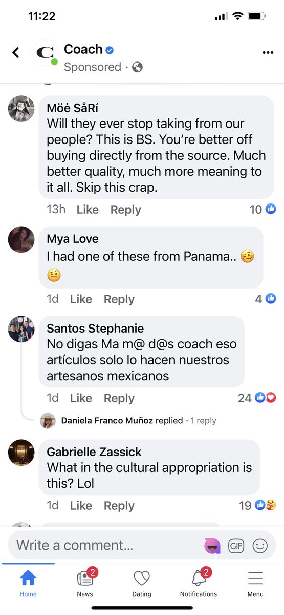 Mavisays22's tweet photo. Looks like @coach went ahead and deleted these comments about their #culturalappropriation. This is after they stole the Colombian design of the carriel for their bags. Shame on them! #whitesupremacy https://t.co/ETZ5lkj0xs