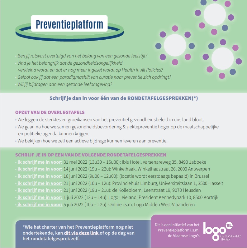👇 Schrijf je in voor één van de rondetafelgesprekken van het Preventieplatform en denk mee na over het gezondheidsbeleid in ons land. Meer info en inschrijvingen op preventieplatform.org/activiteiten #gezondheidspromotie #preventie #healthinallpolicies