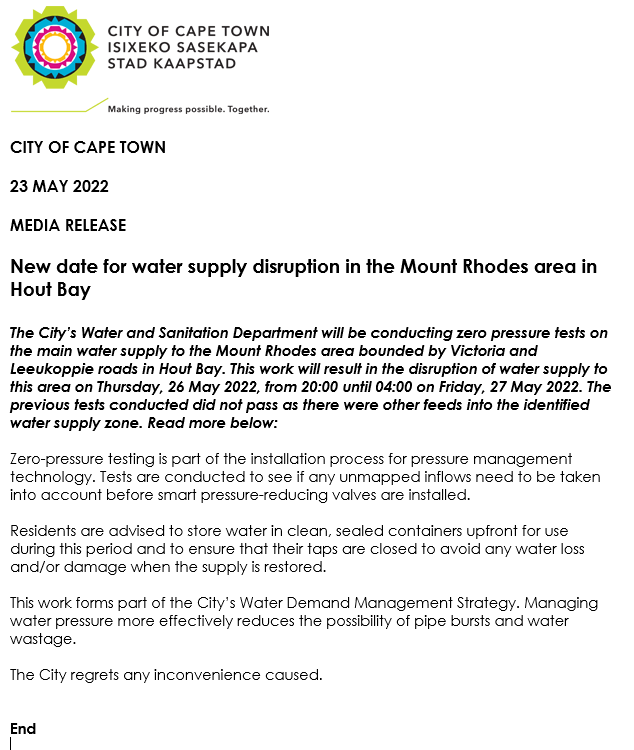 CityofCTAlerts's tweet photo. 23 MAY 2022
 
MEDIA RELEASE
 
New date for water supply disruption in the Mount Rhodes area in Hout Bay https://t.co/XjiYl2aAY3