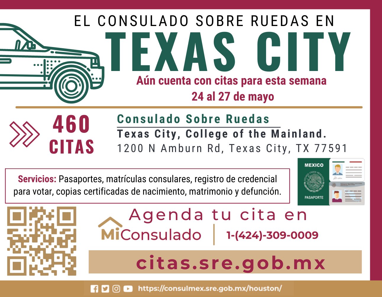 Consulmex Houston Twitter'da "¡𝗛𝗮𝘆 𝗰𝗶𝘁𝗮𝘀 𝗱𝗶𝘀𝗽𝗼𝗻𝗶𝗯𝗹𝗲𝘀! El consulado