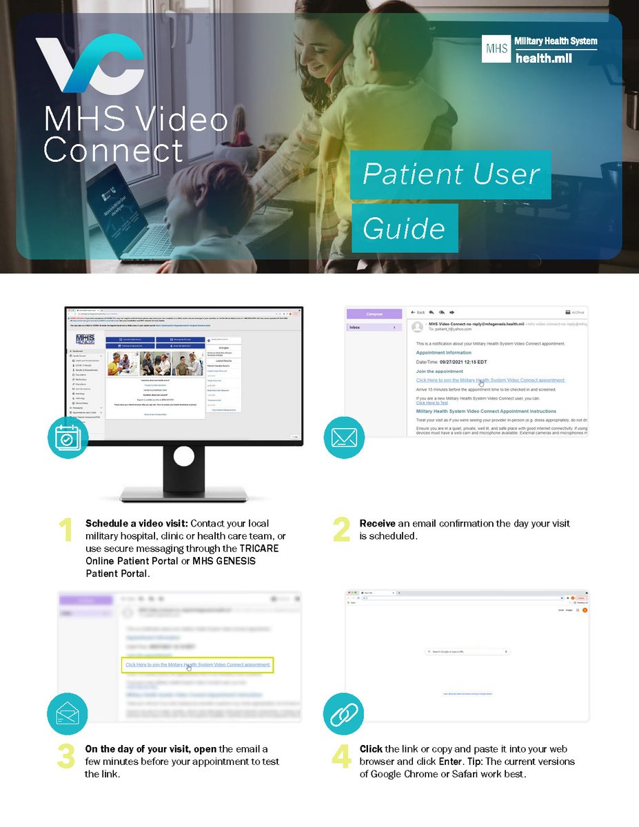 Be sure to share this #MHSVideoConnect user guide with your patients before their first appointment.

Download the full guide here: Health.mil/MHSVideoConnect