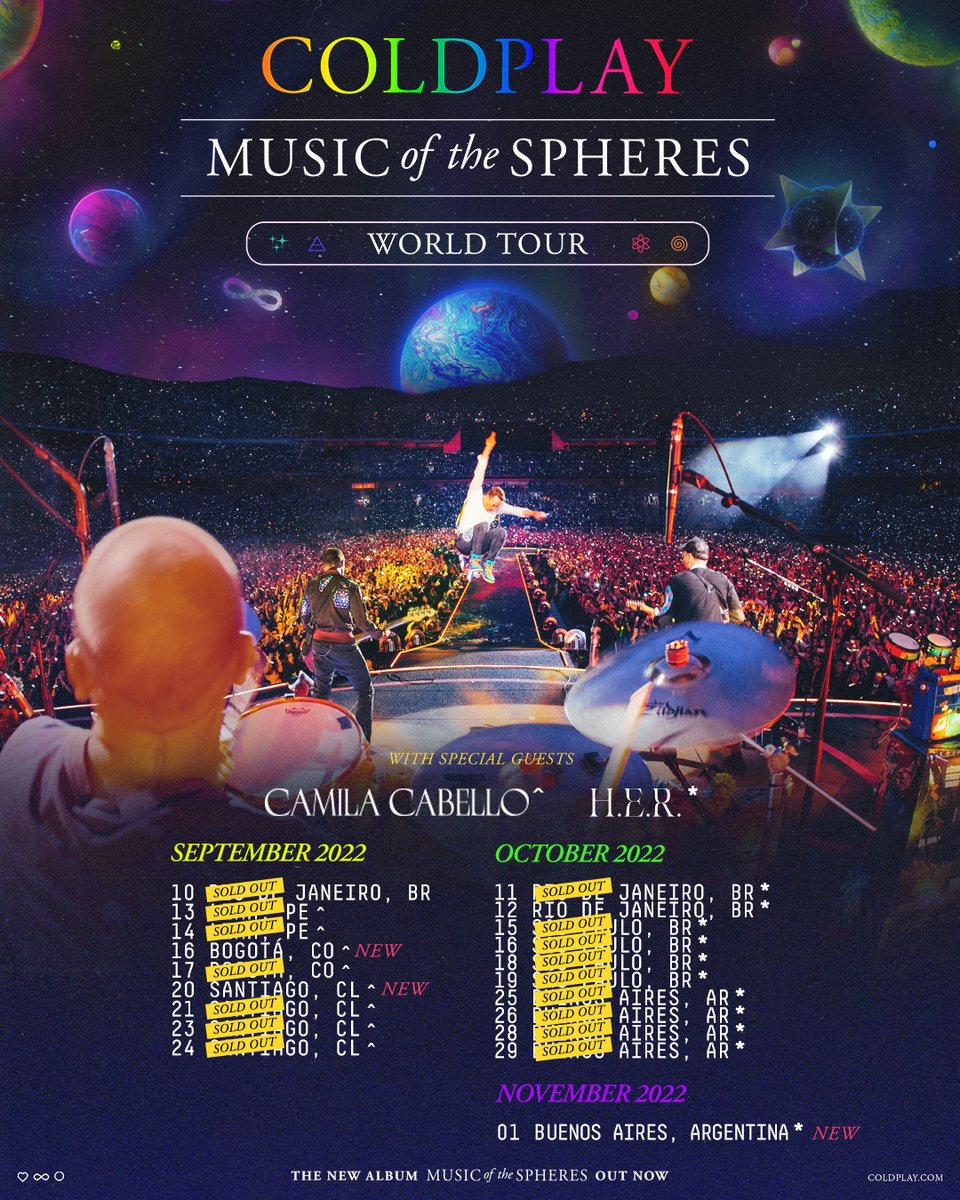 coldplay's tweet image. Extra shows just announced for Colombia, Chile &amp;amp; Argentina!

16 Sept - Bogota, Estadio El Campín 
20 Sept - Santiago, Estadio Nacional
01 Nov - Buenos Aires, Estadio River Plate

Tickets on sale tomorrow (Buenos Aires) &amp;amp; Friday (Bogota and Santiago). 

#MusicOfTheSpheresWorldTour