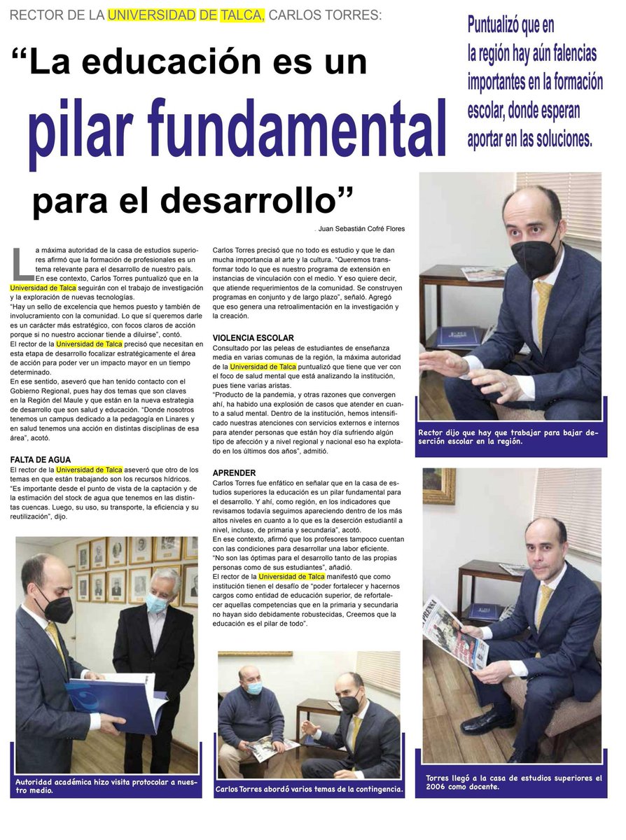 UTalca's tweet photo. Rector UTalca @CarlosTorresFu en entrevista en @laprensacurico destacó que la educación es un tema relevante para el desarrollo del país. 

Lee los detalles aquí ⬇️ https://t.co/U6PIgxW29E