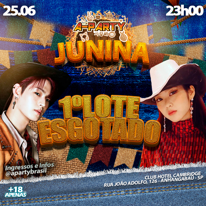 apartybrasil's tweet photo. E o primeiro lote da entrada do nosso #ARRAIÁ que acontece dia 25/06 no @club_hotel_cambridge está esgotado!!!

Garanta já o seu ingresso do 2ºlote entrada ou lote único consumível no link https://t.co/HyGsE94GMU

#apartybr #apartybrasil #kpop #kpopparty #festajunina https://t.co/rUDXtvFHXS