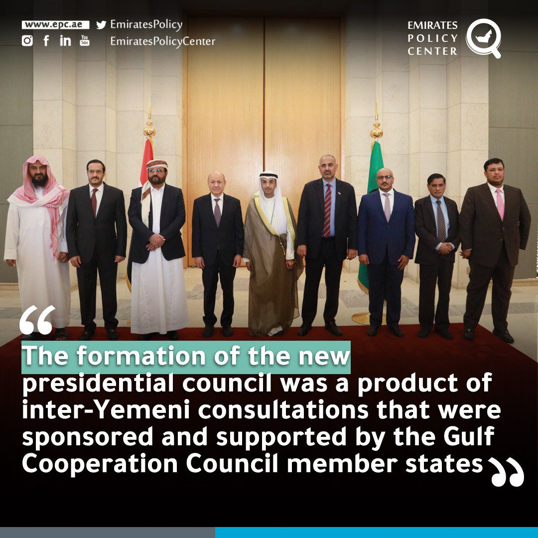 EmiratesPolicy's tweet photo. The formation of the new presidential council was a product of inter-#Yemeni consultations that were sponsored and supported by the #Gulf Cooperation Council member states:
https://t.co/kaYSoMbU6F
#featured_topics #EPC #Emirates_policy_center https://t.co/hsBm8V2AVw