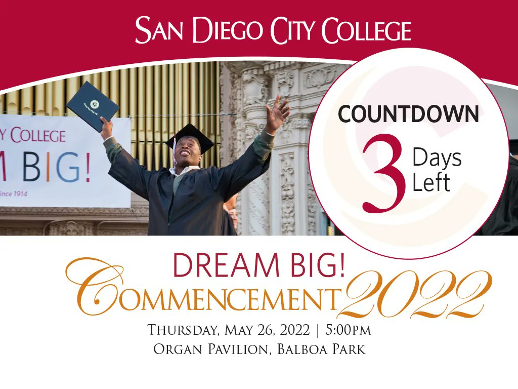sdcitycollege's tweet photo. 3 days left until our 2022 Commencement!
Don't forget to decorate your cap.
#sharecity #iamcitycollege #sdcitygrads #2022commencement https://t.co/MhcscYH756