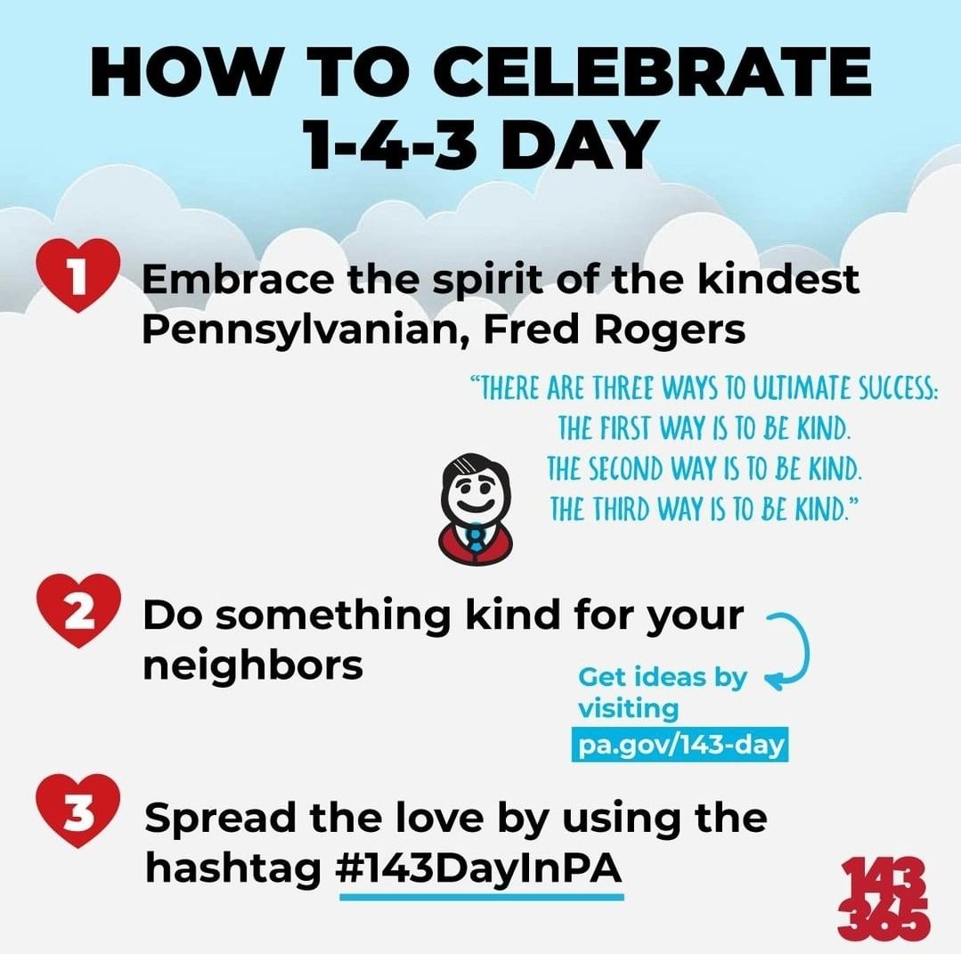 weedmanbuxmont's tweet photo. It's #143DayinPA, a day of kindness in honor of PA's unofficial mascot, Mister Rogers.
 
His way to say "I love you" was “1-4-3” — for the number of letters in each word

Today, the 143rd day of the year, is a day to share acts of love &amp; kindness. #buckscounty #montgomerycounty https://t.co/b6Fl5Yd19X