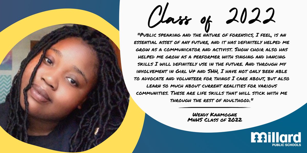 MillardPS's tweet image. Wendy Kanmogne was heavily involved in activities at MNHS including forensics, show choir, Girl Up, and Spanish Honors Society. She was a 2x state champion in forensics last year. She will attend Columbia University &amp;amp; major in Neuroscience and Behavior. #MPS22Grad