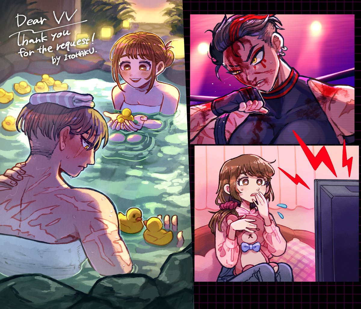 Chiyoko🩹🩸 &amp; Miruku🐣🎀
The bloody death match fighter is just a shy girl in love outside the ring!

<a href="/ITHK0219/">ITOHAKU🧵</a> , Thanks for painting the cutest two!!😍😍😍
