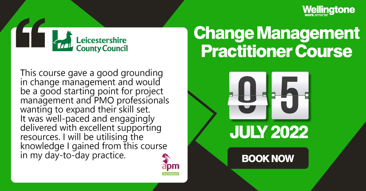 WellingtonePPM's tweet photo. 🎓This is the UK's ONLY #ChangeManagement training course that is Accredited by APM; the Chartered Body for Project Professionals. We still have some spaces left on our next course, book on today! https://t.co/bSEQI9737A #ProjectManagement #PMO https://t.co/SYCv8Ibyvm