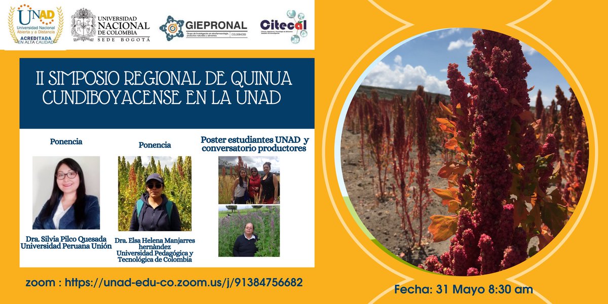 II Simposio de quinua Cundiboyacense en la UNAD en alianza con la facultad de ciencias agrarias de la Universidad Nacional de Colombia, 31 de Mayo a las 8:30 am. <a href="/Ivettechopin/">Ibeth Rodriguez</a> <a href="/IngClaraS/">Clara Sanchez</a> <a href="/AlimentosUNAD/">Alimentos UNAD</a> <a href="/claudiatevargas/">claudia te vargas</a> <a href="/ClaudioCamiloG1/">Claudio Camilo Gonzá</a>