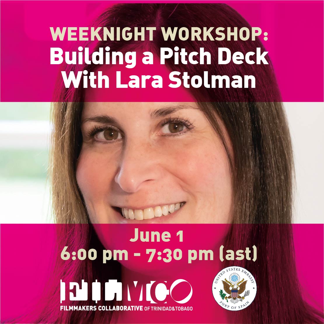 FILMCO_tt's tweet photo. Only 2 spots left! Register NOW for our FREE #WeeknightWorkshop with award-winning director &amp; writer, @LaraStolman

✅Free (registration required) 
✅June 01, 6-7:30pm AST (online)
✅Register at https://t.co/e0ctQvKgPd

Presented in partnership with the U.S. Embassy Port of Spain https://t.co/VhiE9CSuR6
