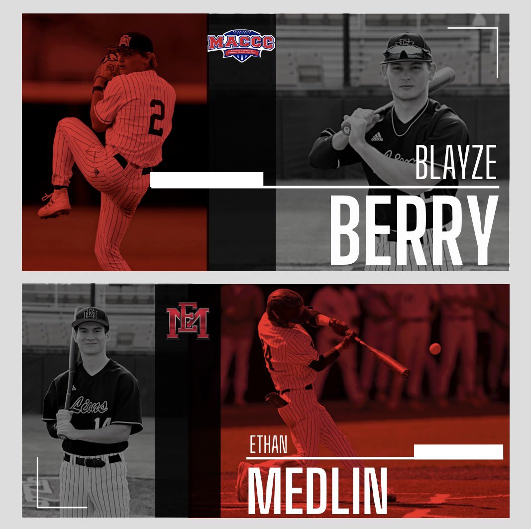 EMCCathletics's tweet photo. Congratulations to Blayze Berry (both 1st &amp; 2nd team honors as pitcher &amp; utility player) and Ethan Medlin (2nd team- outfield) for being named to the MACCC All-Conference Team! #PR1DE https://t.co/m4wJhtfqbq