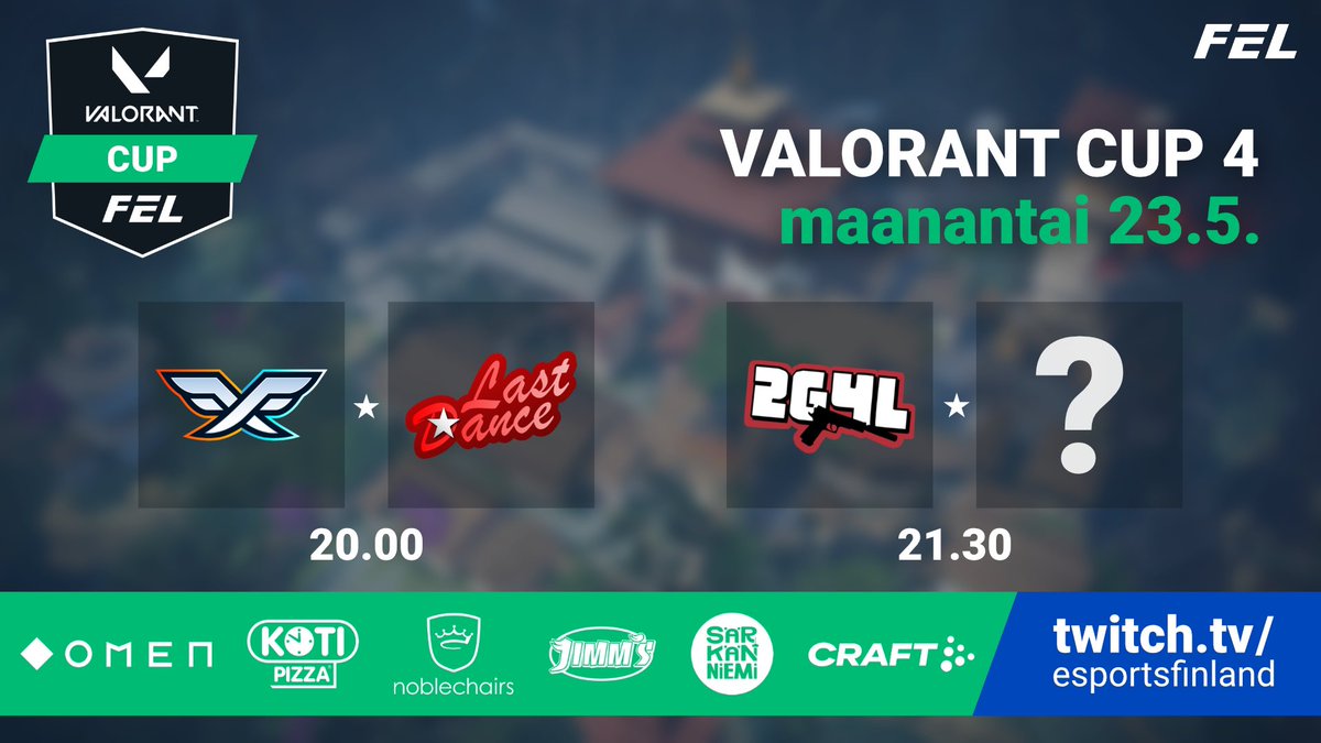esportsfinland's tweet photo. Valorant Cupin loppuratkaisu häämöttää! 🫣

Mestaruustaistelu jatkuu tänään kahdella matsilla. 🏆 Ensimmäisen pelin voittaja saa vastaansa #2G4L:n klo 21.30.

⚔️ @firefluxesports – #VikaTanssi
🕰 20.00

⚔️ 2G4L – TBD
🕰 21.30

📺 https://t.co/8tOQtU9TJ5

#valorantfi #esportsfi https://t.co/BnlGROxEvo