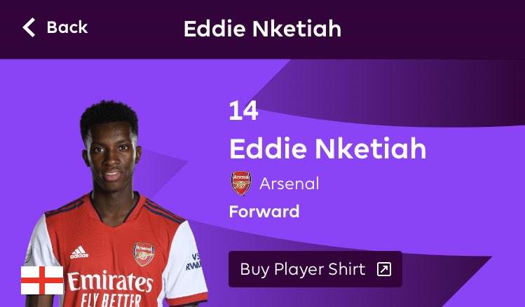 Eddie Nketiah is currently listed as Arsenal’s #14 - vacant since Pierre-Emerick Aubameyang’s departure - on the official Premier League mobile app. 🧐 #afc