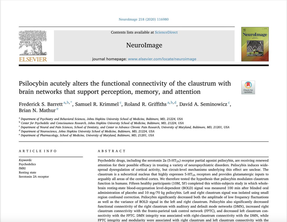 JHPsychedelics's tweet image. Two years ago today, @FredBarrettPhD and colleagues published their findings that psilocybin reduced neural activity in the claustrum.
While much is still unknown, this study moves us one step closer to understanding mechanisms underlying how psilocybin works in the brain.