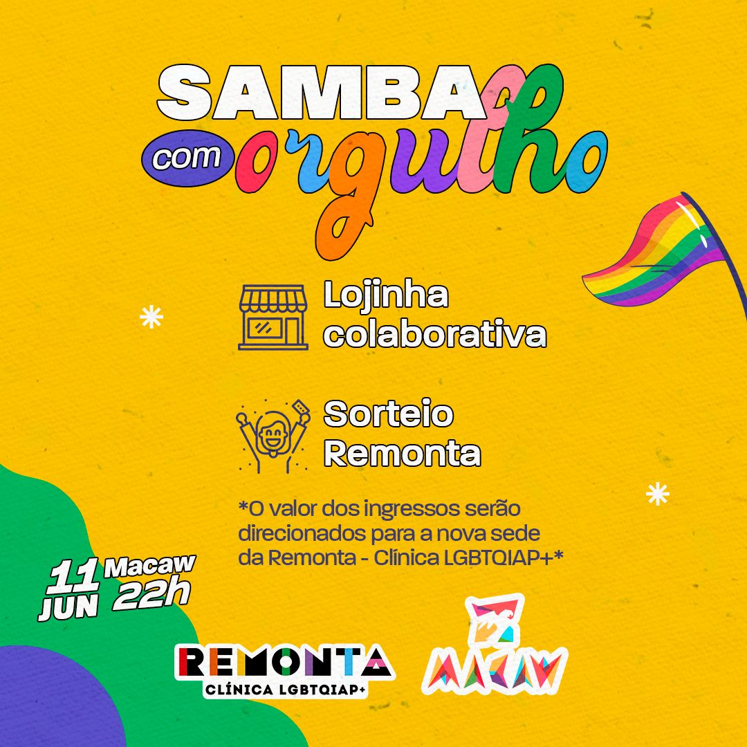 projetoremonta's tweet photo. Bora celebrar o mês do Orgulho LGBTQIAP+? 🏳️‍🌈🏳️‍⚧️✨

No dia 11 de junho, às 22h, vai rolar o 🌈SAMBA COM ORGULHO🌈 e você não pode ficar de fora!

O  evento será destinado à arrecadação de valores que ajudarão na reforma da sede da Clínica Remonta! https://t.co/We9YUHE5ee