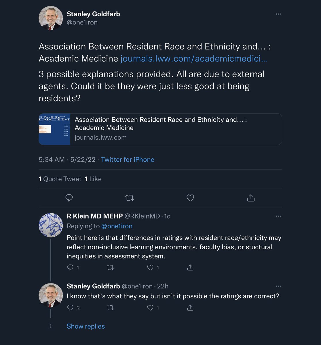 RESEARCHERS: Black, Hispanic, and Native American internal medicine residents receive lower scores from their faculty on the ACGME competencies. Maybe it’s structural racism?

FORMER IVY LEAGUE MEDICAL SCHOOL DEAN: Maybe they’re just not as good!