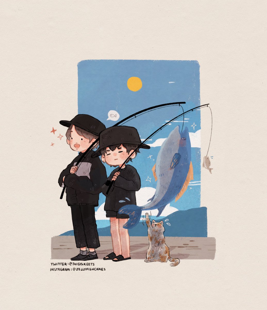 hat fishing rod cat fish 2boys holding fishing  illustration images