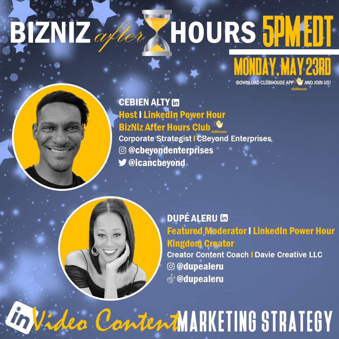 Skyrocket🚀 your Brand and Business with Video Content Marketing!

Join TikTok (275k+), LinkedIn (18k+) &amp; IG (20k+) Kingdom Content Creator Coach <a href="/DupeAleru/">Dupé Aleru</a> and myself during the LinkedIn🔗Power Hour⏳!

5/23 - 5PM EDT Segment: clubhouse.com/join/bizniz-af…

#videomarketing #video