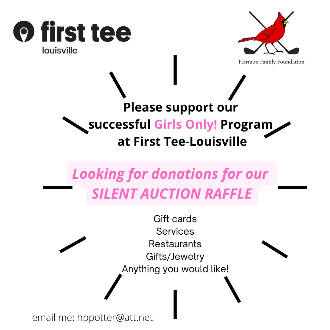 heidihpotter's tweet photo. We are looking for great silent auction items for our annual golf tournament benefiting the Girls Only! Program at @FirstTeeVille . Help us make a huge difference in these girls' lives! We appreciate any donation you could make. https://t.co/DfyggyCQQK