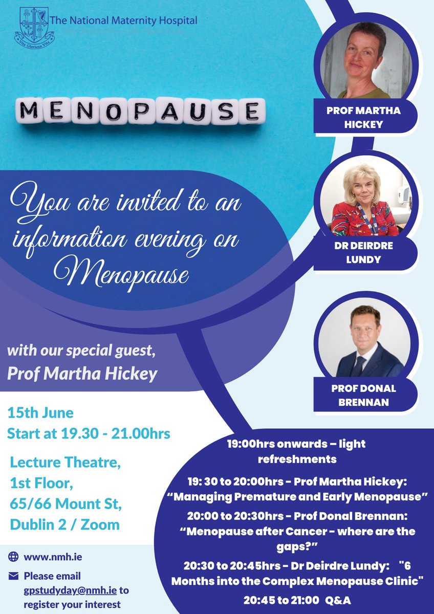 Attention GP’s caring for women !

📣📣

#Menopause update with experts in the field ⁦<a href="/_TheNMH/">The National Maternity Hospital</a>⁩

June 15th 

⁦<a href="/deirdre_lundy/">deirdre lundy she/her/radiant goddess of menopuase</a>⁩

Pls Retweet!