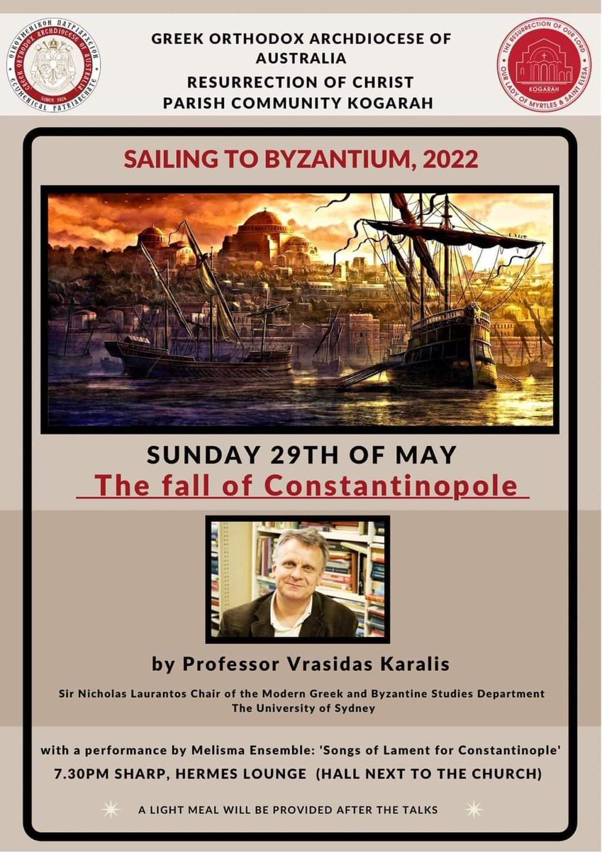 Very excited to be organising the annual commemorative talk on the anniversary of the 'Fall of Constantinople' to be given by the eminent Professor Vrasidas Karalis. 
All are welcome to attend.
<a href="/USydSLC/">USYD Languages and Cultures</a>