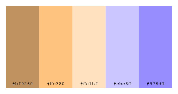 ColPaletteBot's tweet photo. Beep beep, here's a pretty color palette for you! 

color-scheme.js parameters used: 
- hue: 259
- variation: light
- colors: #bf9260, #ffc380, #ffe1bf, #cbc6ff, #978dff

Have a lovely day!

#twitterbot #colorpalette #colors #palette #prettycolors https://t.co/sygW7fEbRp