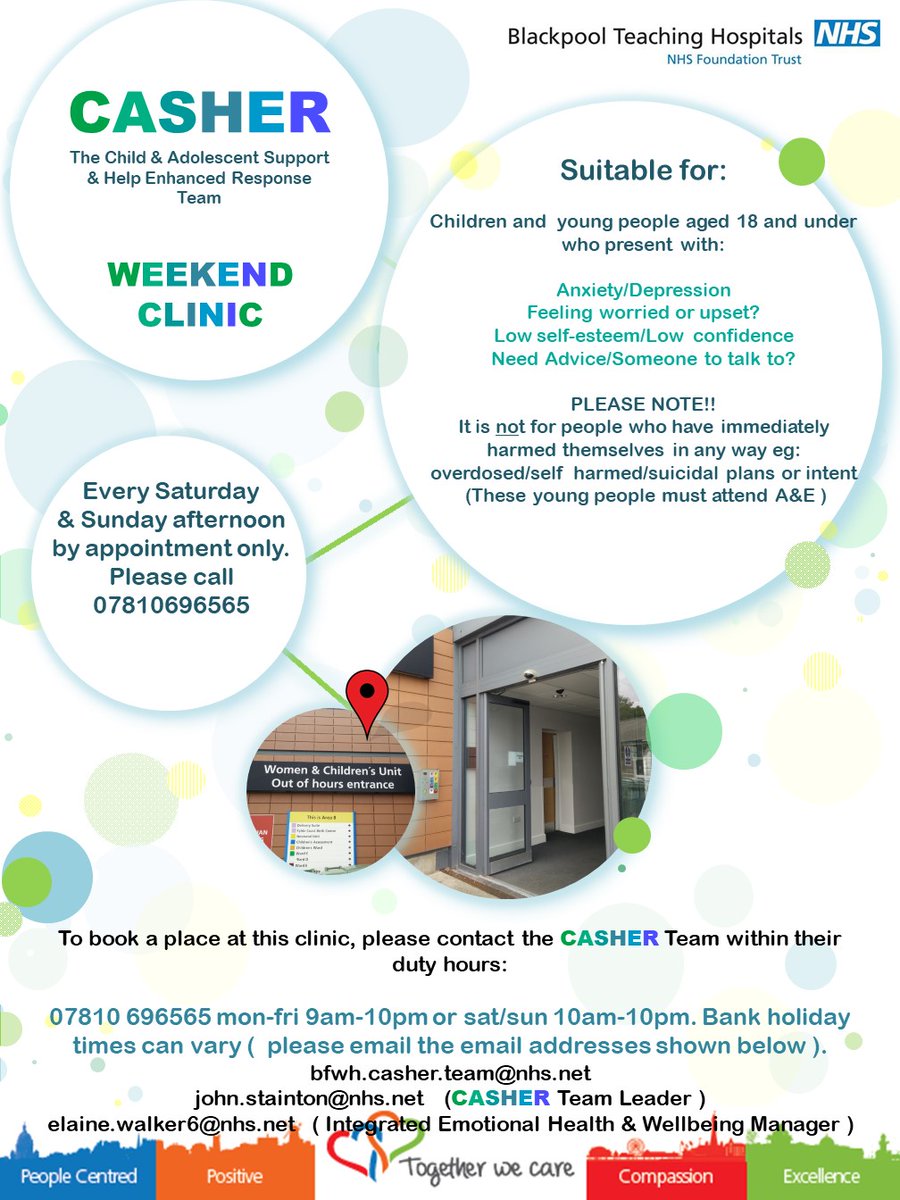 LotusBlackpool's tweet photo. Did you know...

CASHER hold weekend clinics every Saturday and Sunday for under 18s with anxiety, depression, worries, low self-esteem or confidence, or need somebody to talk to.

📞 Contact the NHS CASHER Team on 07810696565 https://t.co/pdO1wDXMRJ