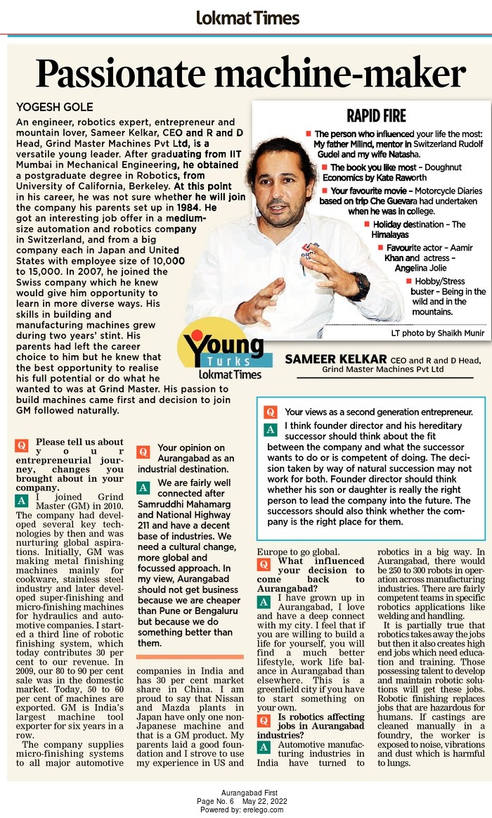 grindmaster_'s tweet photo. A candid interview of Sameer Kelkar - CEO &amp; R &amp; D Head of @grindmaster_ in leading newspapers Lokmat Media Pvt. Ltd of Aurangabad.

Article page link : https://t.co/KcqMrBoDUq

#Grindmaster #CEO #Interview #Lokmat #newspapers #entrepreneurJourney #Grinding https://t.co/dw3u0tUi2V