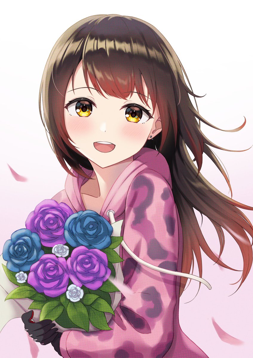 roboco-san 1girl pink hoodie solo brown hair flower hood smile  illustration images