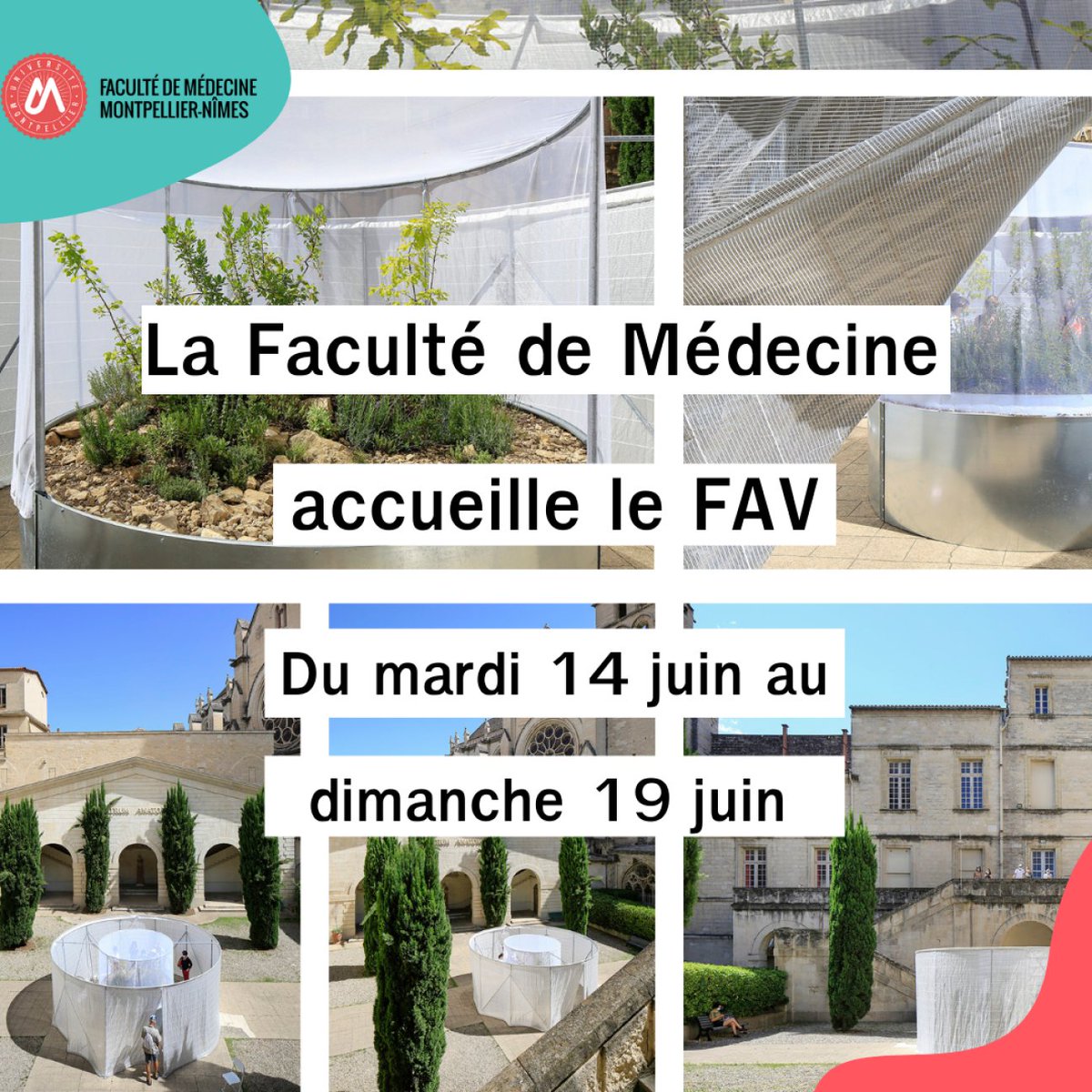 FacultemedMPL's tweet photo. [🖼 EVENT : #FAVMTP x Faculté de Médecine ]

La Faculté de Médecine a l'honneur d'accueillir une nouvelle fois le Festival des Architectures Vives sur le site du Bâtiment Historique.

📅 Du 14 juin au 19 juin.

--> @fav_34 
--> https://t.co/sfYzPzuOpw

 #faculté https://t.co/7xBYlvFW3f