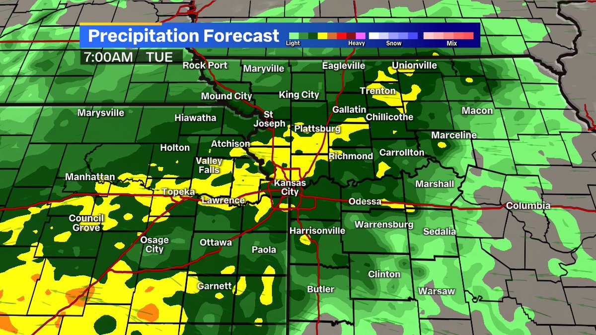 AlexCounteeWX's tweet photo. A few showers could move in this evening, but more widespread rain starts tonight. Don't expect much of a break from the showers tomorrow as steady rain continues through the evening tomorrow! #fox4kc #MOwx #KSwx #KCwx https://t.co/Sm00A9rZHZ