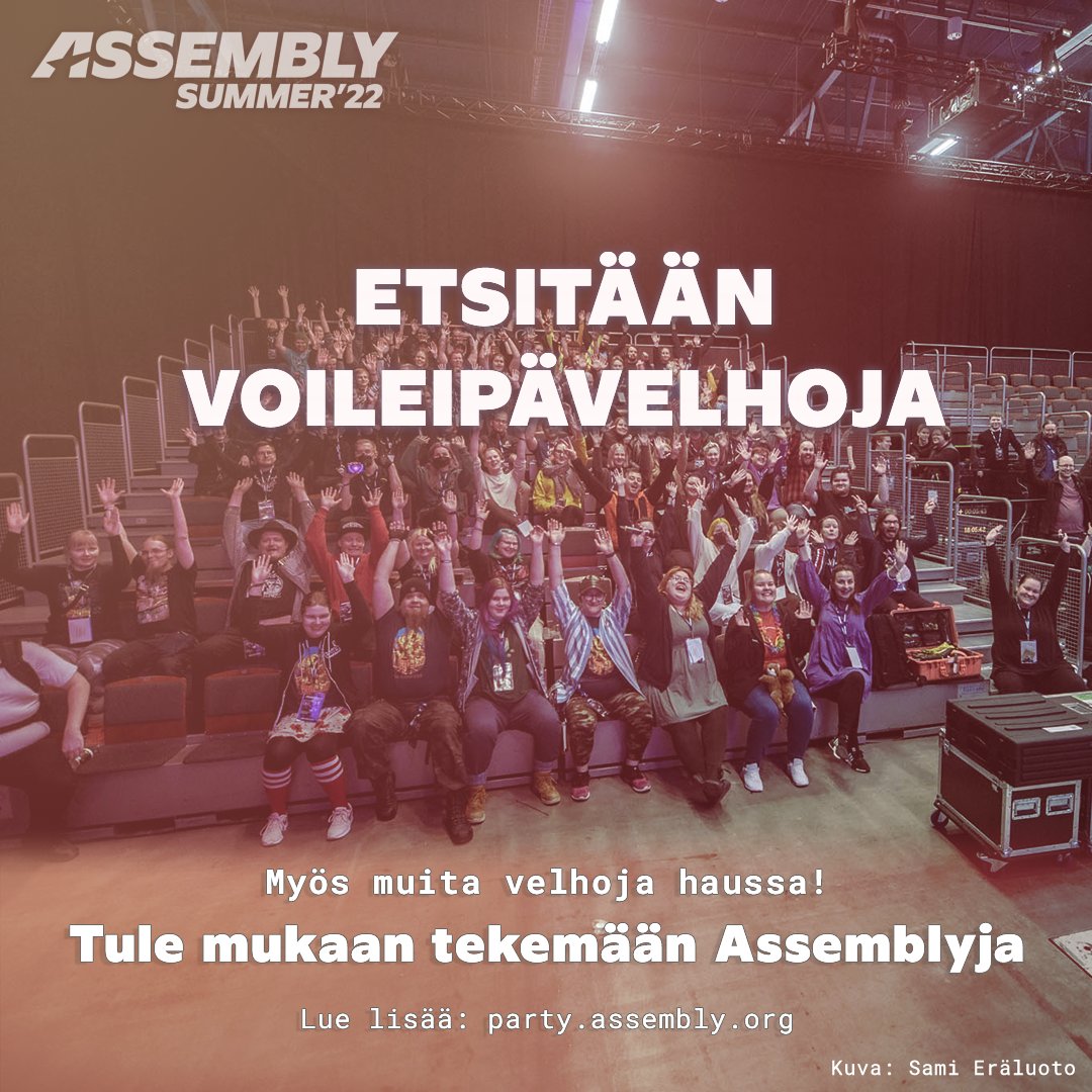 Oletko tosi velho keittiössä tai jossain muualla? Tule vapaaehtoiseksi, paikkoja on auki myös muun muassa lipunmyynnin, sisällöntuotannon ja tapahtumatekniikan parissa! Lue lisää ja hyppää mukaan: party.assembly.org/summer22/jarje… 

#asmparty #assemblysummer2022 #tapahtumat