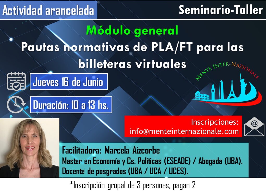 MAizcorbe's tweet photo. Buen día los invito a participar del  Seminario/Taller sobre "Pautas normativas de PLA/FT para las billeteras virtuales"
No se lo pierdan! https://t.co/5bl7LZz3Dw