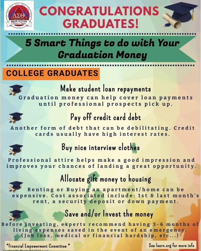Houston Alumnae wants to share 5 smart things to do with your graduation money for high school and college graduates.  Best wishes in your future endeavors. #DST1913 #DSTHAC1927 #MoneyMattersMonday #HACFinancialEmpowerment