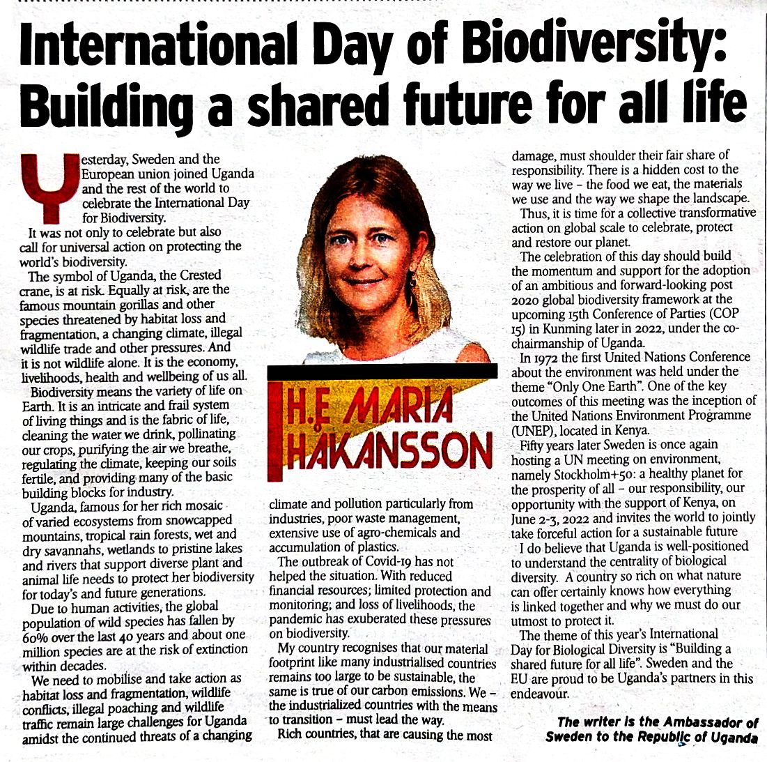 SwedeninUG's tweet photo. Read the op-ed written by our Ambassador @SwedEnvoyUganda in today's @newvisionwire titled "International Day of Biodiversity: Building a shared future for all life". The article was produced together with @EUinUG &amp; Members states as part of our celebrations for #BiodiversityDay. https://t.co/rNfJN36fQX