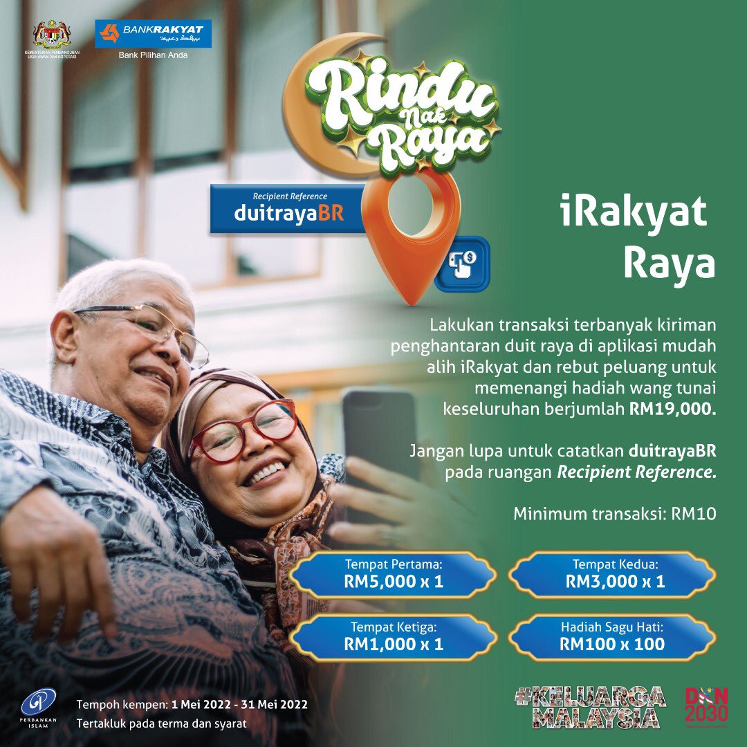 myBankRakyat's tweet photo. Lakukan transaksi penghantaran duit raya di aplikasi mudah alih iRakyat dan berpeluang menangi hadiah wang tunai keseluruhan berjumlah RM19,000.

Tertakluk T&amp;S

#BankPilihanAnda #BankRakyat25 #DKN2030 #KUSKOP #BangsaUsahawan #KeluargaMalaysia #BekerjaBersamaRakyat https://t.co/LGesCaS8Ht
