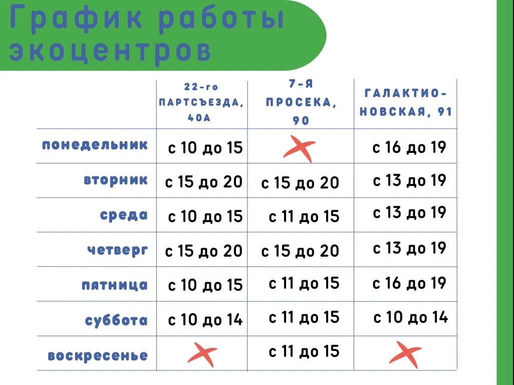 Мы добавили рабочую субботу в экоцентре на Галактионовской – с 10 до 14. Мы обещали это сделать и сделали 🙌🏼

Мы увеличили количество рабочих часов по субботам в экоцентре на 22-го Партсъезда, 40а. Теперь он работает также с 10 до 14.

Изменения начинают действуют с 21.05.
